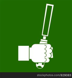 Chisel tool in man hend icon white isolated on green background. Vector illustration. Chisel tool in man hend icon green