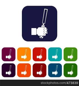 Chisel tool in man hend icons set vector illustration in flat style In colors red, blue, green and other. Chisel tool in man hend icons set flat