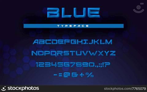 Chiseled font with beveled alphabet letters and numbers vector design of digital, tech and futuristic typeface. Blue embossed type of uppercase characters, digits and punctuation marks with facets. Chiseled font, beveled alphabet letters, numbers