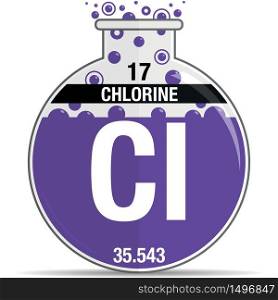 Chlorine symbol on chemical round flask. Element number 17 of the Periodic Table of the Elements - Chemistry. Vector image
