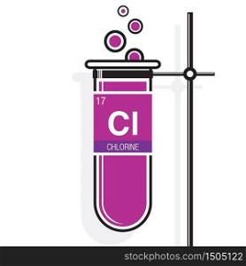 Chlorine symbol on label in a magenta test tube with holder. Element number 17 of the Periodic Table of the Elements - Chemistry