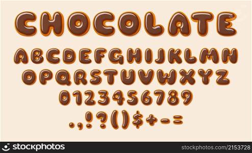 Chocolate ABC. Bakery letters, alphabet letter and number glazed choco. Decorative baby, recipe, birthday cards, sale banners, vector design. Illustration of abc dessert font, sweet bakery chocolate. Chocolate ABC. Bakery letters, alphabet letter and number glazed choco. Decorative elements for baby, recipe, birthday cards, sale banners, vector design