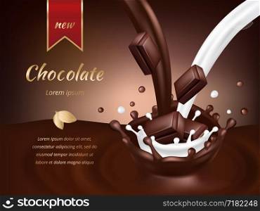 Chocolate advertisement poster. Realistic chocolate and milk vector illustration. Sweet dessert food product, advertising melt and yummy confectionery. Chocolate advertisement poster. Realistic chocolate and milk vector illustration