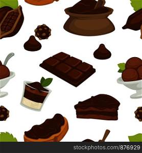 Chocolate and cocoa butter on bread slice products variety seamless pattern vector. Bag with ingredient powder, beans and growing plant in pot, cake with topping and candies. Sweet desserts. Chocolate and cocoa butter products variety pattern vector