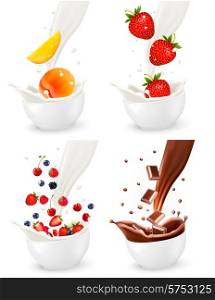 Chocolate and colorful fresh fruits falling into the milky splash. Vector illustration