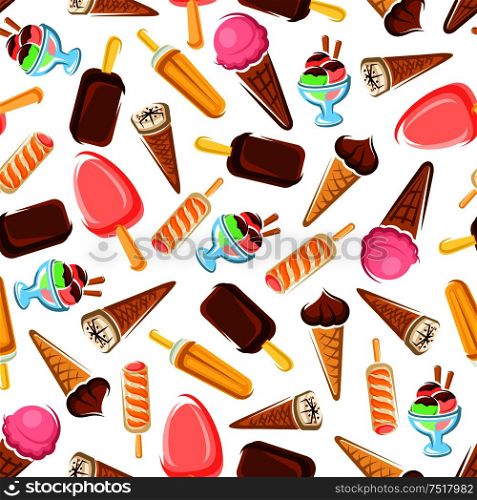 Chocolate and fruity ice cream pattern for cafe or kitchen interior design with seamless background of ice cream cones, popsicles and sundae ice cream desserts with jam, nuts and caramel syrup. Chocolate and fruity ice cream seamless pattern