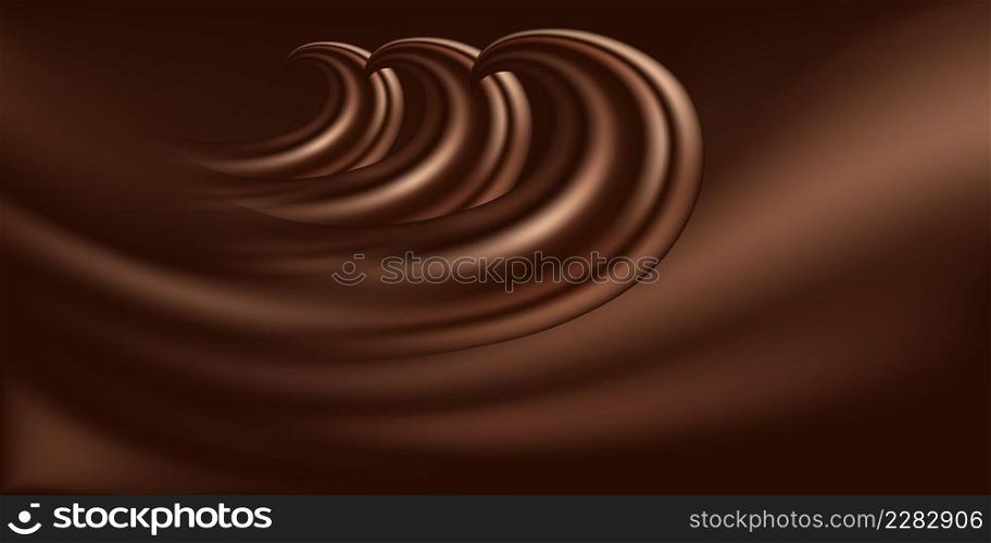 Chocolate background with wave swirls. Milk creamy chocolate, dark brown color flow. Smooth satin texture pattern. Decorative background design for modern banner. Vector illustration
