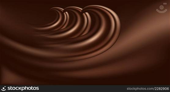 Chocolate background with wave swirls. Milk creamy chocolate, dark brown color flow. Smooth satin texture pattern. Decorative background design for modern banner. Vector illustration
