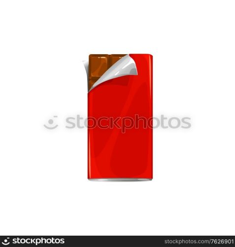 Chocolate bar in candy wrapper, vector icon of package with open corner of paper foil. Dark or milk chocolate bar pack, cocoa food confection and confectionery sweet desserts in red wrapper. Chocolate bar, candy wrapper package open corner