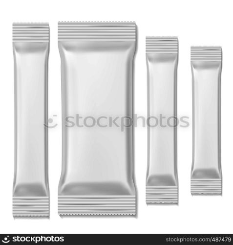 Chocolate bar packs. Biscuits white packing sticks food snacks, stick blank template. Promo realistic wrap packing vector front mockup. Chocolate bar packs. Biscuits white packing sticks food snacks, stick blank template. Promo realistic wrap packing vector mockup