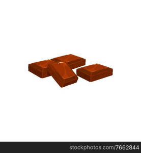 Chocolate bar pieces, dark or milk chocolate candy square blocks, vector isolated icon. Broken chocolate bar pieces, cocoa or cacao food sweet bites or snacks and confection desserts. Chocolate bar pieces, dark milk chocolate candy