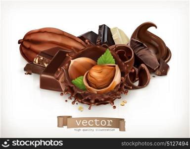 Chocolate bars and pieces. Hazelnut and chocolate splash. Realistic illustration. 3d vector icon