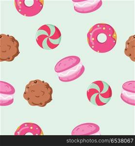 Chocolate Biscuit Macaroon Candy Seamless Pattern. Chocolate biscuit, macaroon, caramel candy seamless pattern. Endless texture with delicious sweets. Wallpaper design with fresh confectionery. Tasty bakery. Vector illustration in flat style design