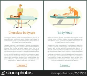 Chocolate body spa and legs wrap done by experienced cosmetician in spa salon vector web online posters. Procedure of wrapping to get rid of cellulite. Chocolate body Spa and Legs Wrap in Spa Salon Web