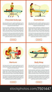 Chocolate body spa and manicure making process. Posters set with text sample and clients on table. Cosmetician and wrap of legs procedures vector. Chocolate Body Spa and Manicure Posters Vector