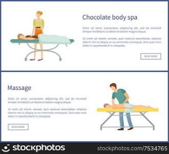 Chocolate body spa and massage procedures made by masseur. Client lying on table and relaxing vector web poster. Beauty salon services for health care. Chocolate Body Spa and Massage Procedures Masseur