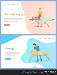 Chocolate body spa and massage vector, beauty procedure. Woman and man on table and masseur or beautician, skincare and healthcare online appointment order. Chocolate Body Spa and Massage, Beauty Procedure