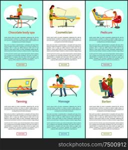 Chocolate body spa and tanning posters set with text sample vector. Pedicure and barber trimming man beard. Massage procedure of masseur pedicurist. Chocolate Body Spa and Tanning Posters Set Vector