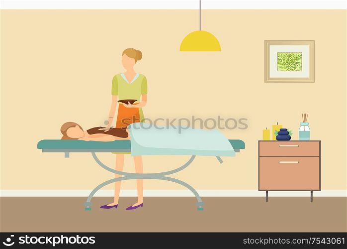 Chocolate body spa procedure in beauty salon vector. Female with sweet liquid on back and towel. Expert specialist in treatment and hot therapy,. Chocolate Body Spa Procedure in Beauty Salon Vector