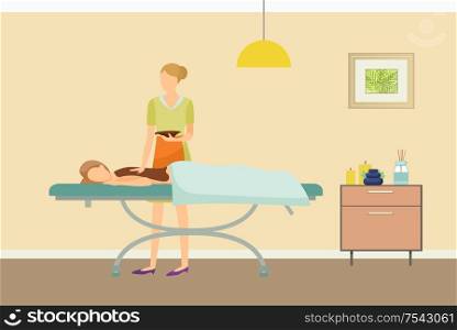 Chocolate body spa procedure in beauty salon vector. Female with sweet liquid on back and towel. Expert specialist in treatment and hot therapy,. Chocolate Body Spa Procedure in Beauty Salon Vector