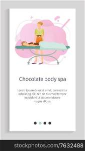 Chocolate body spa, woman character lying with mask and towel on back, salon skincare, person on table, healthcare and relax, beauty salon vector. Website slider app template, landing page flat style. Skincare and Chocolate Mask, Back Massage Vector