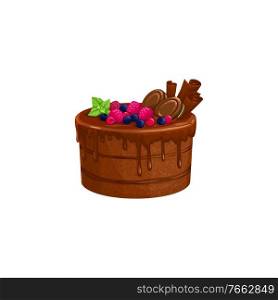 Chocolate cake or cream pie, dessert sweets food, vector isolated icon. Chocolate cocoa cake with molten caramel fondant, bakery pastry dessert sweets tiramisu or brownie with fruits and cookies. Chocolate cake, cream pie dessert, sweet food