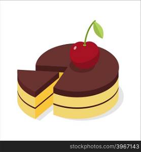 Chocolate cake with fresh cherries. Piece of celebratory pie isometrics. 3D delicious confection&#xA;