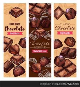Chocolate candies and sweet desserts, candies with praline, nuts or cocoa and cherry topping, dark bitter and milk chocolate bars. Vector natural handmade chocolate candy package, vintage sketch. Chocolate sweets, black and milk choco candies