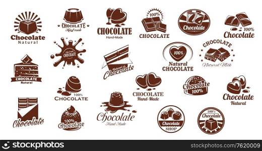 Chocolate candies and sweets vector icons set. Chocolate bar and candy symbols, cocoa cake or cheesecake. Natural, handmade sweets and desserts, pastry shop or confectionery brown icons. Chocolate sweets icons vector set