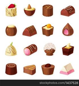 Chocolate candies and truffle desserts, vector sweet food. Chocolate candies with nut praline, caramel and coffee cream, cocoa powder and coconut shavings, almond, peanut and custard fillings. Chocolate candies and truffles, sweet dessert food