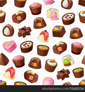 Chocolate candies, truffles and praline seamless pattern. Vector background of sweet food and chocolate desserts, caramel, nuts and coconut, coffee, milk cream and nougat, confectionery backdrop. Chocolate candy, truffle, praline seamless pattern