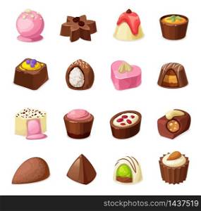 Chocolate candies vector set of sweets and dessert food. Milk, dark and white chocolate candy and truffle isolated objects with praline, caramel, nuts and coconut shaving, cocoa powder, coffee, cream. Chocolate candies, sweets and dessert food