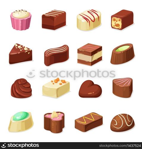 Chocolate candy and sweets vector design of dessert food. Candy and truffle set with dark, milk and white chocolate coating, filled with nut praline, caramel, cocoa cream, nougat and coffee mousse. Chocolate candies and sweets, dessert food