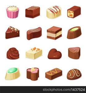 Chocolate candy and sweets vector design of dessert food. Candy and truffle set with dark, milk and white chocolate coating, filled with nut praline, caramel, cocoa cream, nougat and coffee mousse. Chocolate candies and sweets, dessert food