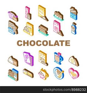 chocolate candy food dessert icons set vector. sweet bar cocoa, cacao delicious, snack tasty, eat dark, piece block, calorie chocolate candy food dessert isometric sign illustrations. chocolate candy food dessert icons set vector