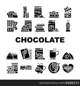 chocolate candy food dessert icons set vector. sweet bar cocoa, cacao delicious, snack tasty, eat dark, piece block, calorie chocolate candy food dessert glyph pictogram Illustrations. chocolate candy food dessert icons set vector