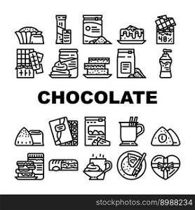 chocolate candy food dessert icons set vector. sweet bar cocoa, cacao delicious, snack tasty, eat dark, piece block, calorie chocolate candy food dessert black contour illustrations. chocolate candy food dessert icons set vector