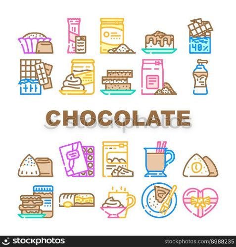 chocolate candy food dessert icons set vector. sweet bar cocoa, cacao delicious, snack tasty, eat dark, piece block, calorie chocolate candy food dessert color line illustrations. chocolate candy food dessert icons set vector