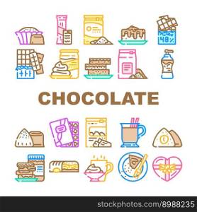 chocolate candy food dessert icons set vector. sweet bar cocoa, cacao delicious, snack tasty, eat dark, piece block, calorie chocolate candy food dessert color line illustrations. chocolate candy food dessert icons set vector