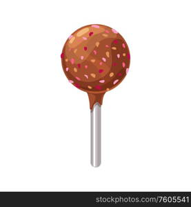 Chocolate candy on stick isolated confectionery food. Vector sweet lollipop with colored sugar sprinkles. Lollipop candy with chocolate and sugar sprinkles