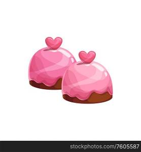 Chocolate candy with pink topping and heart isolated. Vector pralines topped by love symbol. Candy topped by heart and creamy topping isolated