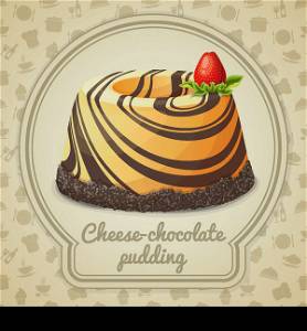 Chocolate cheese pudding with strawberry dessert emblem in frame and food cooking icons on background vector illustration