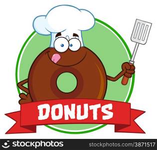 Chocolate Chef Donut Cartoon Character Circle Label With Text