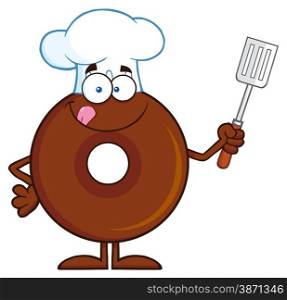 Chocolate Chef Donut Cartoon Character Holding A Slotted Spatula