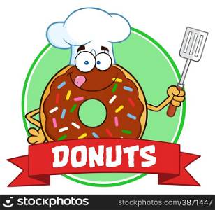 Chocolate Chef Donut Cartoon Character With Sprinkles Circle Label