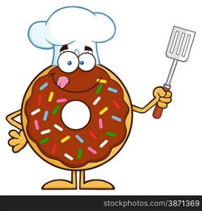 Chocolate Chef Donut Cartoon Character With Sprinkles Holding A Slotted Spatula
