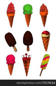 Chocolate covered ice cream on sticks, rainbow popsicle, soft serve and scoops of strawberry and vanilla, chocolate and pistachio ice cream cones topped with jam and fruits. Colored sketches for delicious summer desserts design . Sketched ice cream cones, sticks and popsicle