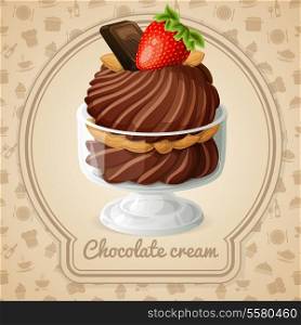 Chocolate cream with nuts and strawberry badge and food cooking icons on background vector illustration