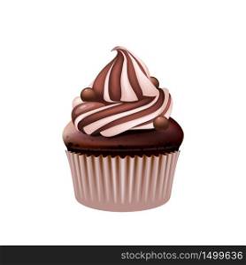 Chocolate cupcake, delicious creamy muffin realistic vector illustration. Birthday dessert, sweet stuff. Homemade pastry with cocoa cream, sugary bakery 3d isolated object on white background. Chocolate cupcake, delicious creamy muffin realistic vector illustration