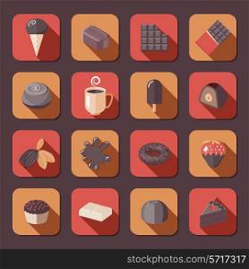 Chocolate delicious cake dark cacao fondue flat icons set isolated vector illustration.